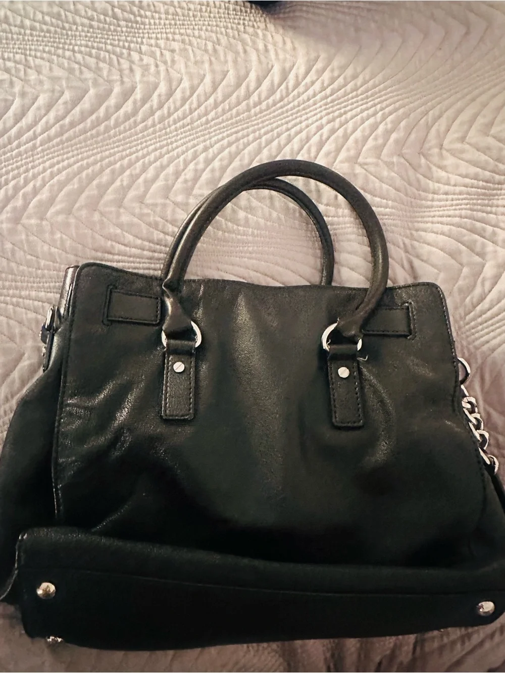 Michael Kors Black Leather Satchel with Silver Chain Detail